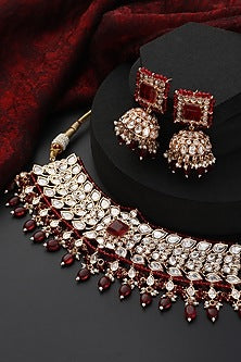 Rose Gold Finish Red Kundan Polki Handmade Choker Necklace Set