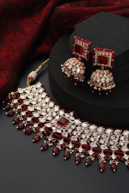 Rose Gold Finish Red Kundan Polki Handmade Choker Necklace Set