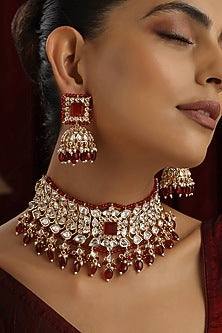 Rose Gold Finish Red Kundan Polki Handmade Choker Necklace Set