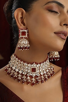 Rose Gold Finish Red Kundan Polki Handmade Choker Necklace Set