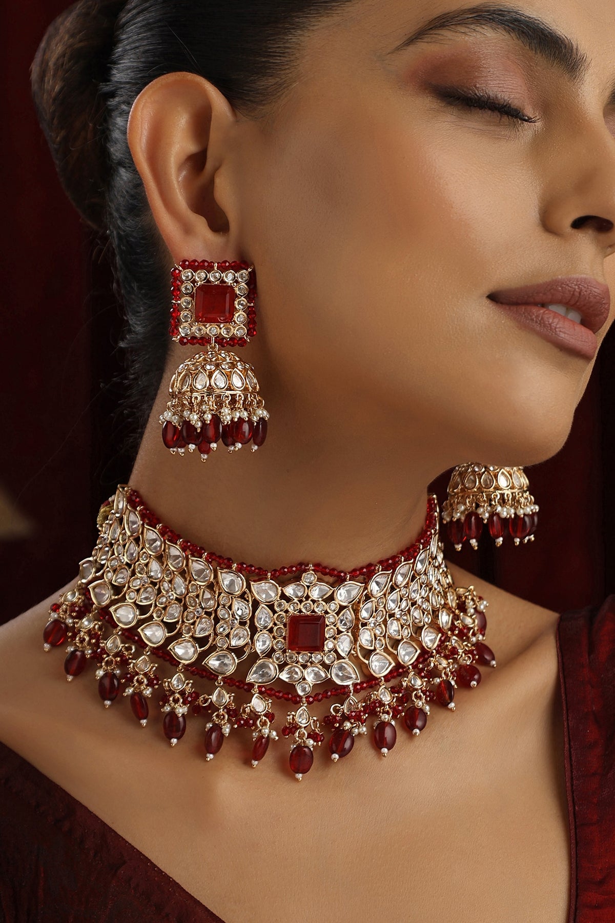 Rose Gold Finish Red Kundan Polki Handmade Choker Necklace Set