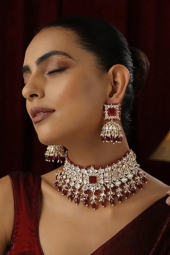 Rose Gold Finish Red Kundan Polki Handmade Choker Necklace Set