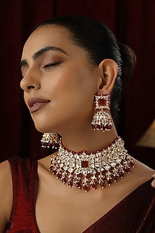 Rose Gold Finish Red Kundan Polki Handmade Choker Necklace Set
