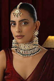 Gold Finish Green Kundan Polki Handmade Choker Necklace Set
