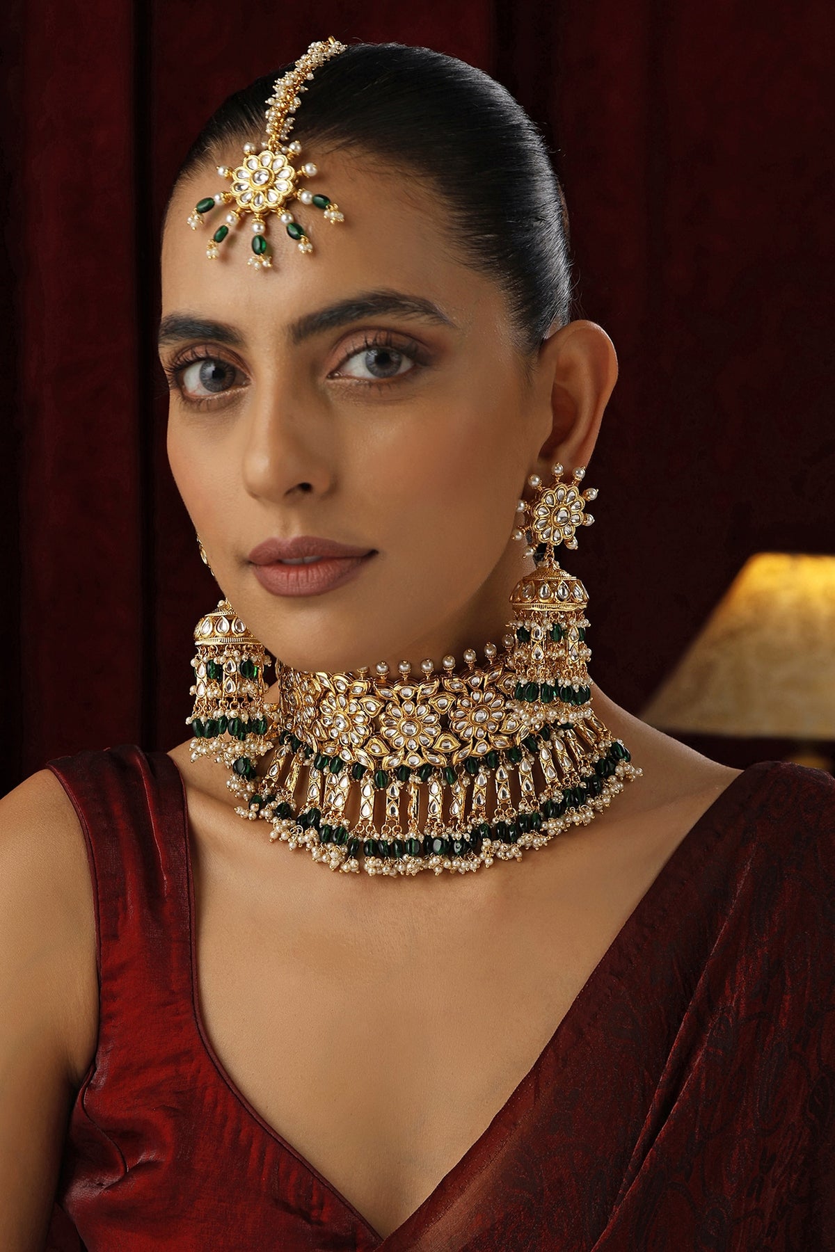 Gold Finish Green Kundan Polki Handmade Choker Necklace Set