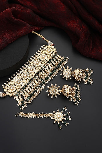 Gold Finish Green Kundan Polki Handmade Choker Necklace Set