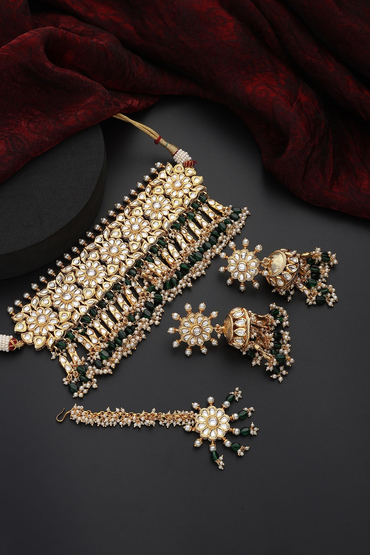 Gold Finish Green Kundan Polki Handmade Choker Necklace Set