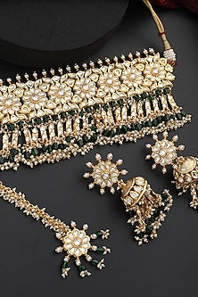 Gold Finish Green Kundan Polki Handmade Choker Necklace Set