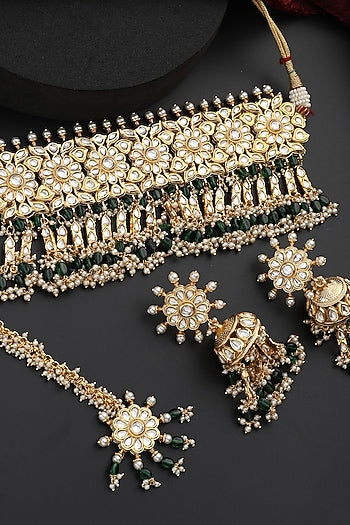 Gold Finish Green Kundan Polki Handmade Choker Necklace Set