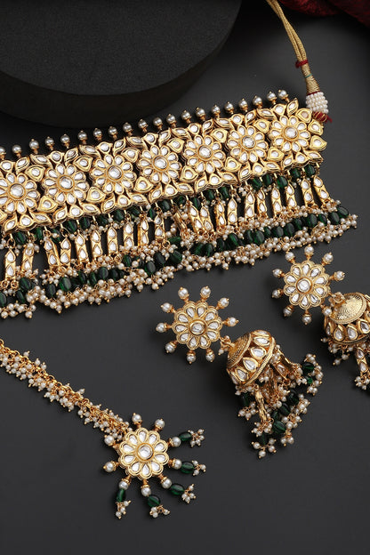 Gold Finish Green Kundan Polki Handmade Choker Necklace Set
