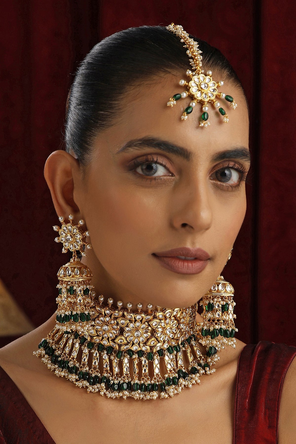 Gold Finish Green Kundan Polki Handmade Choker Necklace Set