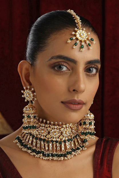 Gold Finish Green Kundan Polki Handmade Choker Necklace Set