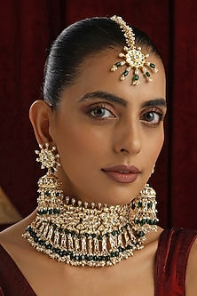 Gold Finish Green Kundan Polki Handmade Choker Necklace Set