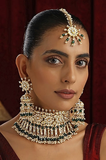 Gold Finish Green Kundan Polki Handmade Choker Necklace Set
