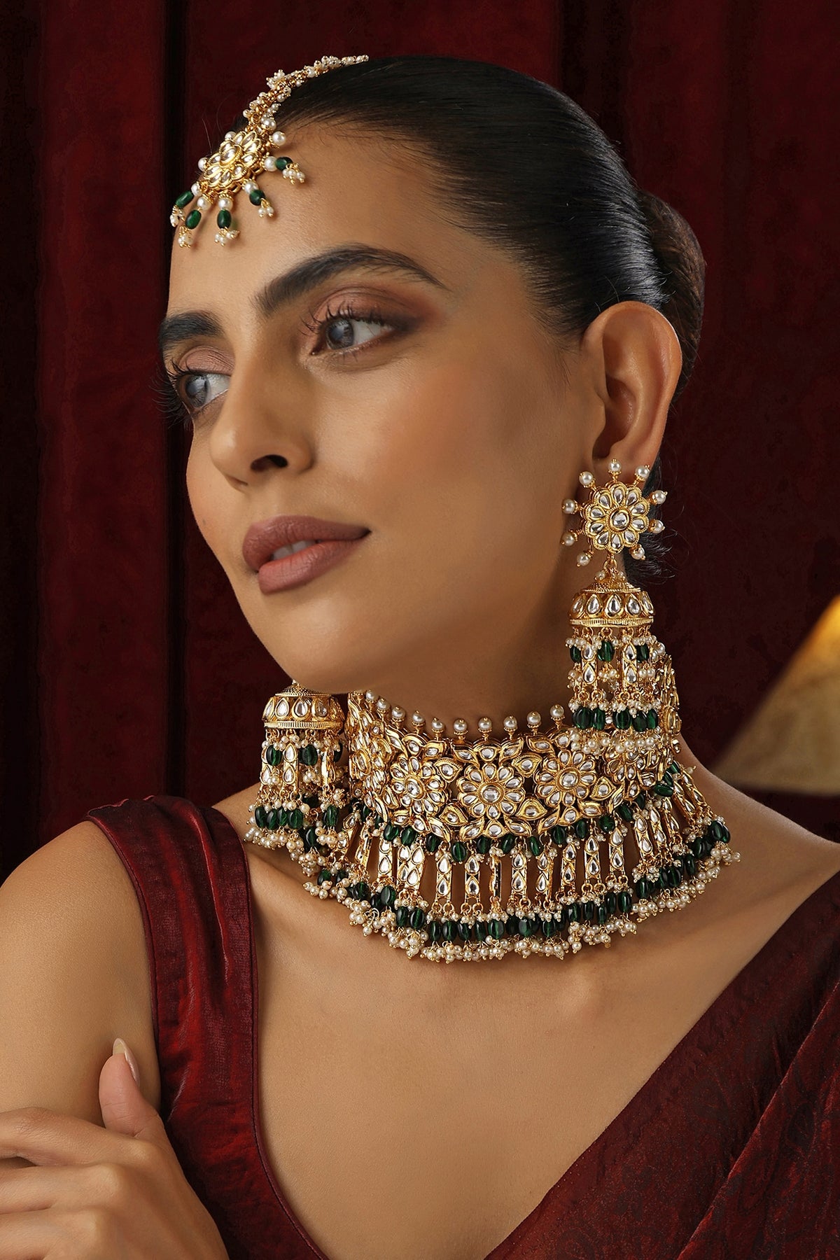 Gold Finish Green Kundan Polki Handmade Choker Necklace Set