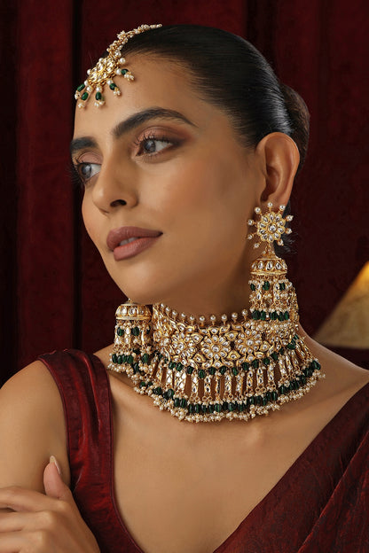 Gold Finish Green Kundan Polki Handmade Choker Necklace Set