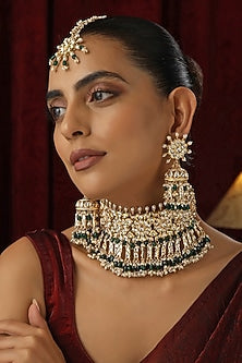 Gold Finish Green Kundan Polki Handmade Choker Necklace Set