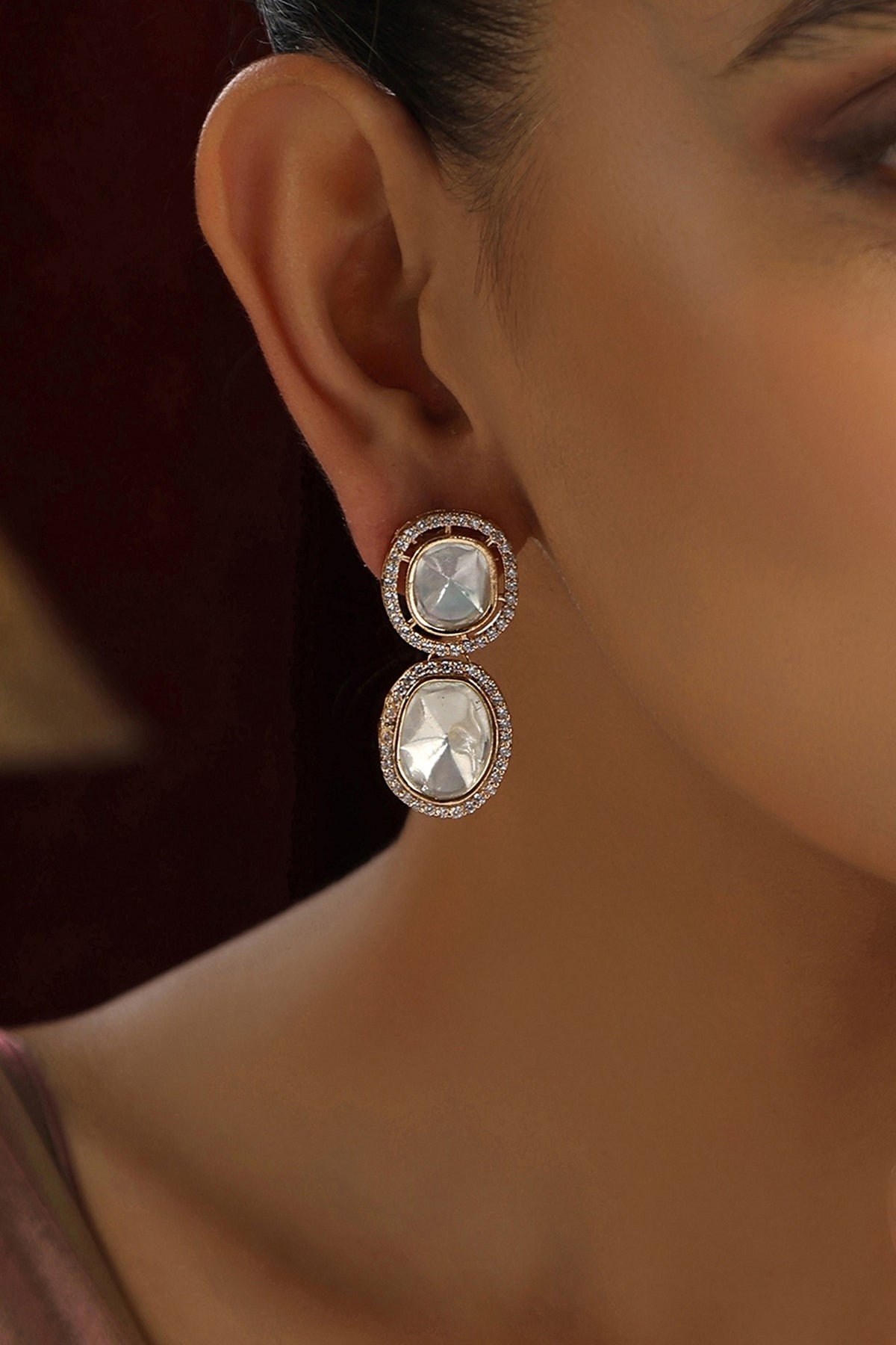 Rose Gold Finish Kundan Polki Handmade Stud Earrings