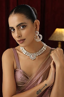 Rose Gold Finish Pink Kundan Polki Handmade Necklace Set