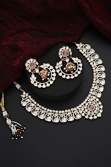 Rose Gold Finish Pink Kundan Polki Handmade Necklace Set
