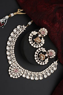 Rose Gold Finish Pink Kundan Polki Handmade Necklace Set