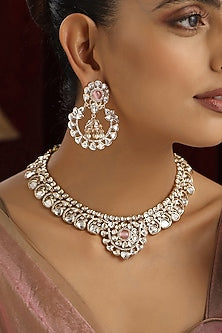 Rose Gold Finish Pink Kundan Polki Handmade Necklace Set