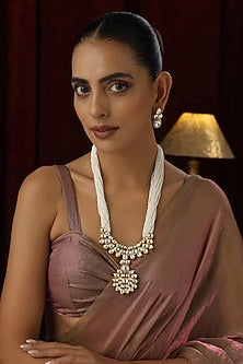 Gold Finish Kundan Polki Handmade Long Necklace Set