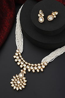 Gold Finish Kundan Polki Handmade Long Necklace Set