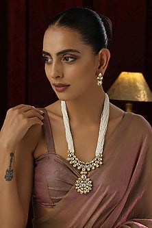 Gold Finish Kundan Polki Handmade Long Necklace Set