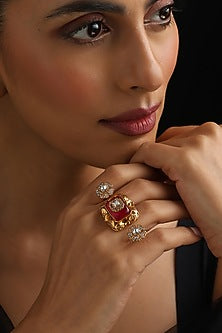 Gold Finish Red Kundan Polki Adjustable Ring