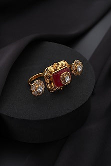 Gold Finish Red Kundan Polki Adjustable Ring