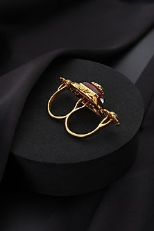 Gold Finish Red Kundan Polki Adjustable Ring