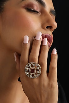 Gold Finish Red Kundan Polki Adjustable Ring