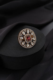 Gold Finish Red Kundan Polki Adjustable Ring