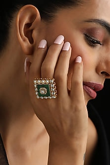 Gold Finish Green Kundan Polki Adjustable Ring