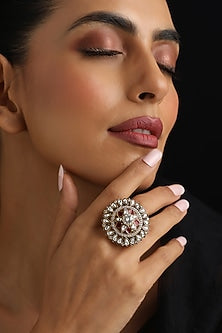 Gold Finish Red Kundan Polki Adjustable Ring