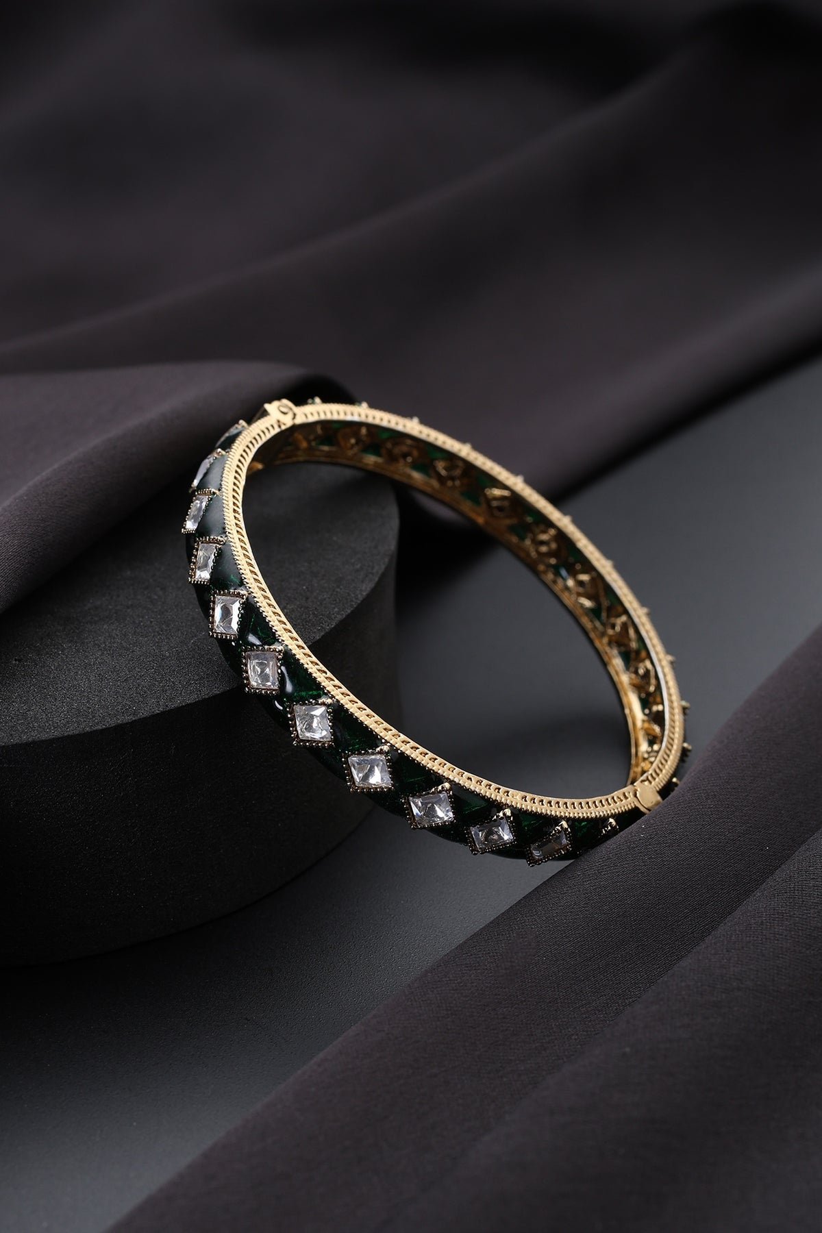 Gold Finish Green Kundan Polki Openable Kada