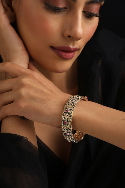 Gold Finish Multi-Colored Kundan Polki Openable Kada