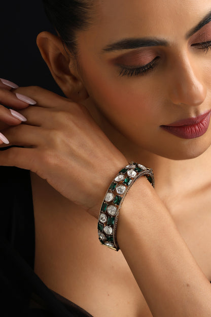 Gold Finish Green Kundan Polki Openable Kada