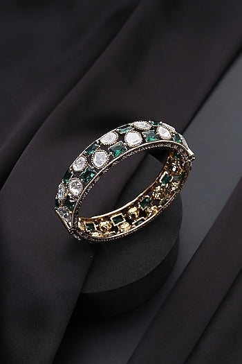 Gold Finish Green Kundan Polki Openable Kada