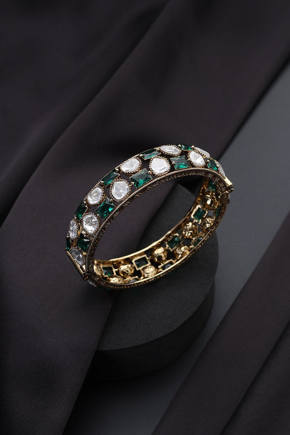 Gold Finish Green Kundan Polki Openable Kada