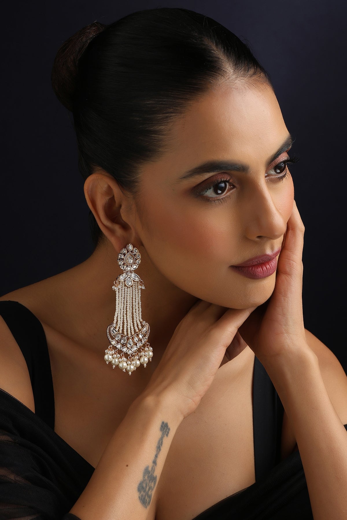 Gold Finish Kundan Polki & Pearl Dangler Earrings