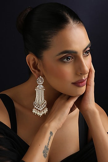 Gold Finish Kundan Polki & Pearl Dangler Earrings