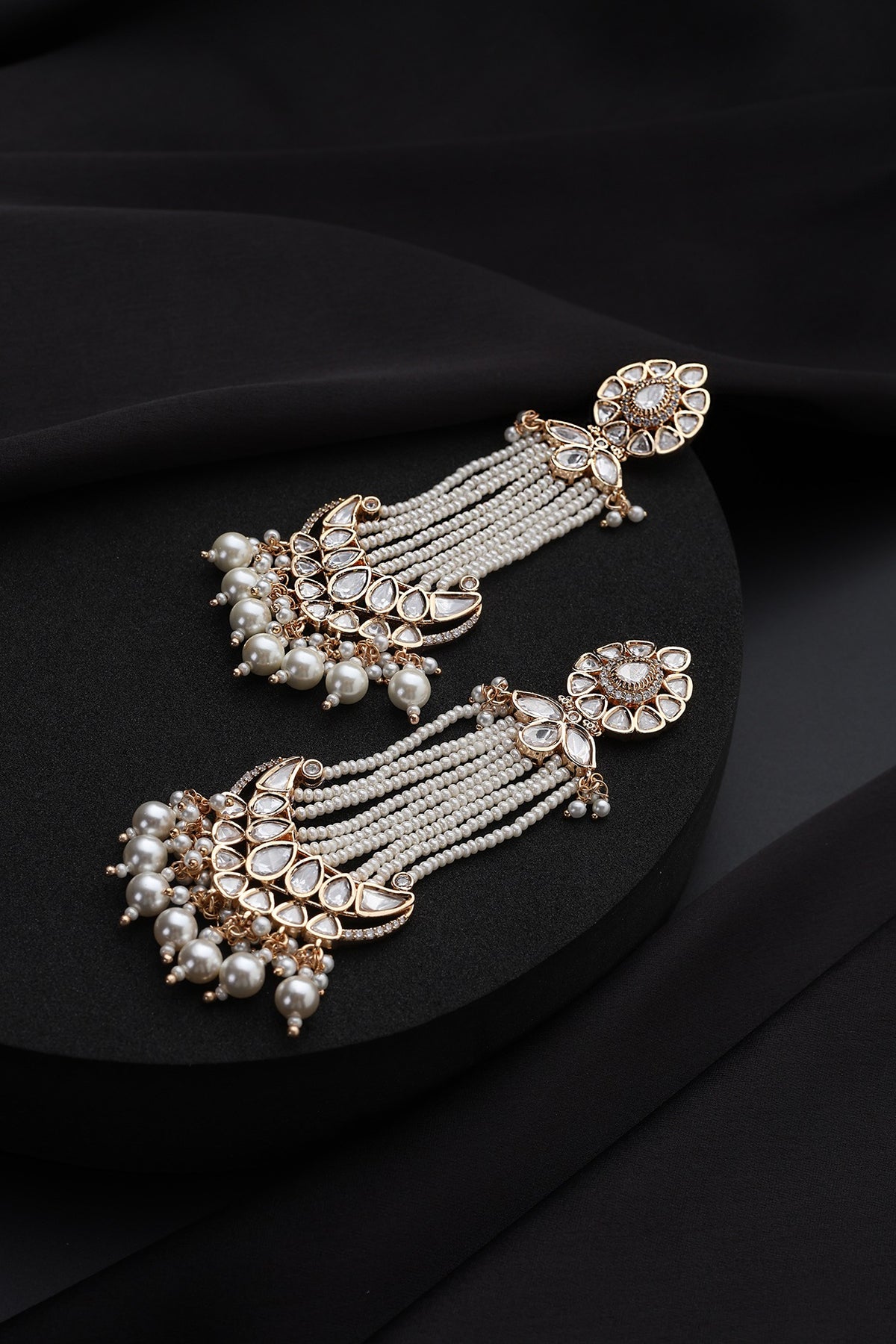 Gold Finish Kundan Polki & Pearl Dangler Earrings