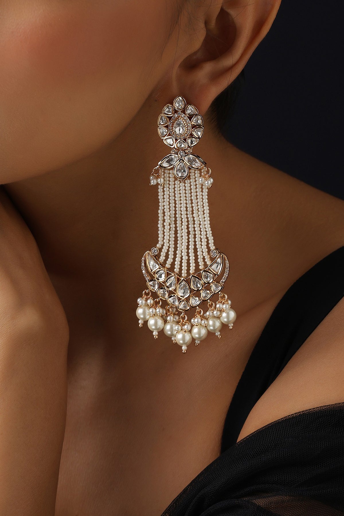 Gold Finish Kundan Polki & Pearl Dangler Earrings