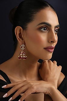 Gold Finish Red Kundan Polki Jhumka Earrings