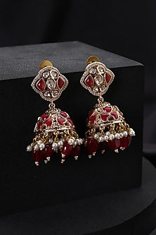 Gold Finish Red Kundan Polki Jhumka Earrings
