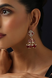 Gold Finish Red Kundan Polki Jhumka Earrings