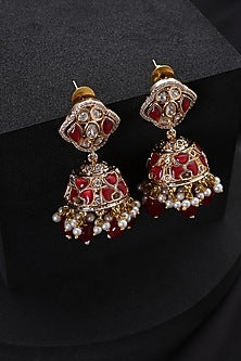 Gold Finish Red Kundan Polki Jhumka Earrings