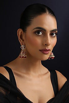 Gold Finish Red Kundan Polki Jhumka Earrings